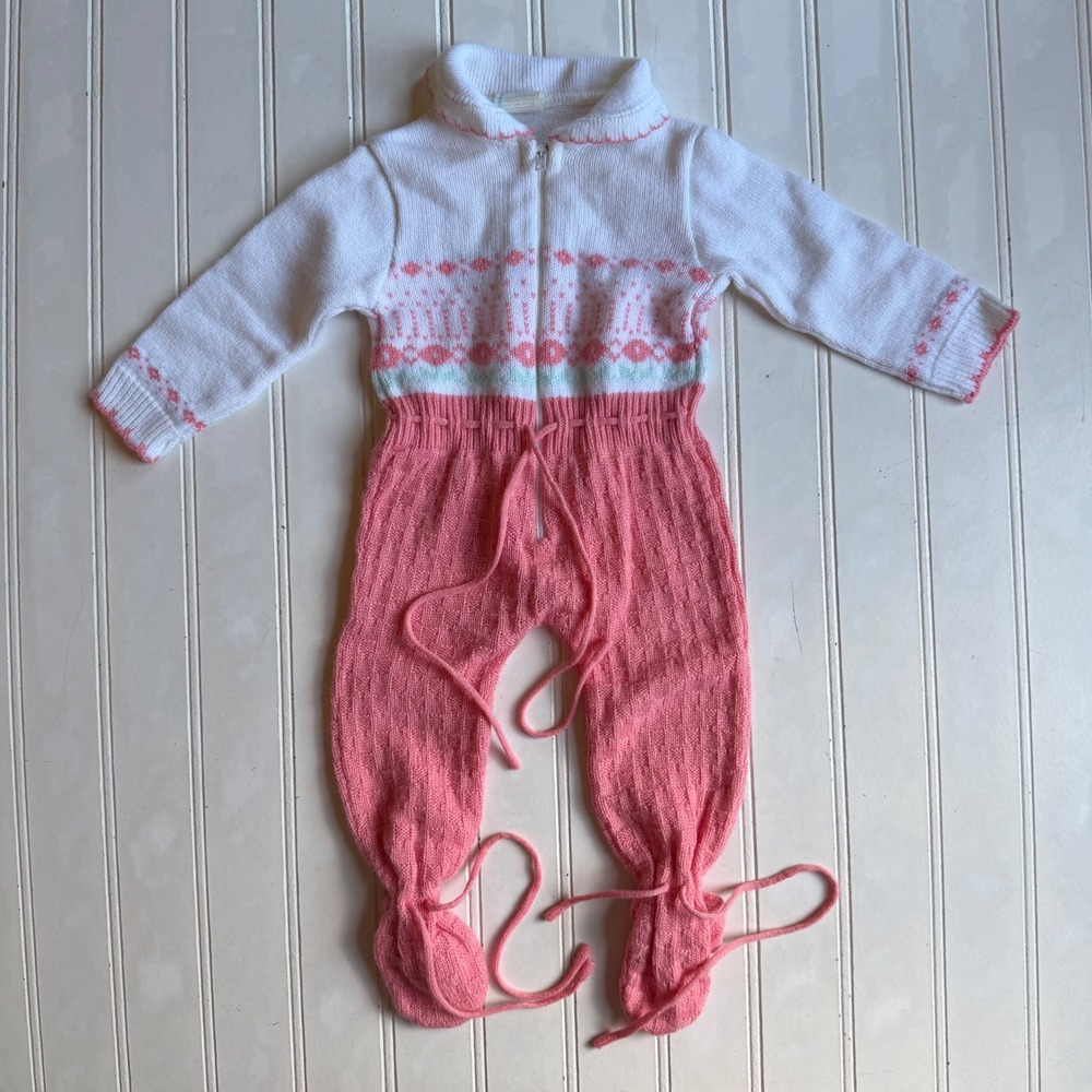 Vintage Pink White Knit Fair Isle Footed Coverall Zipper Romper 12 Months